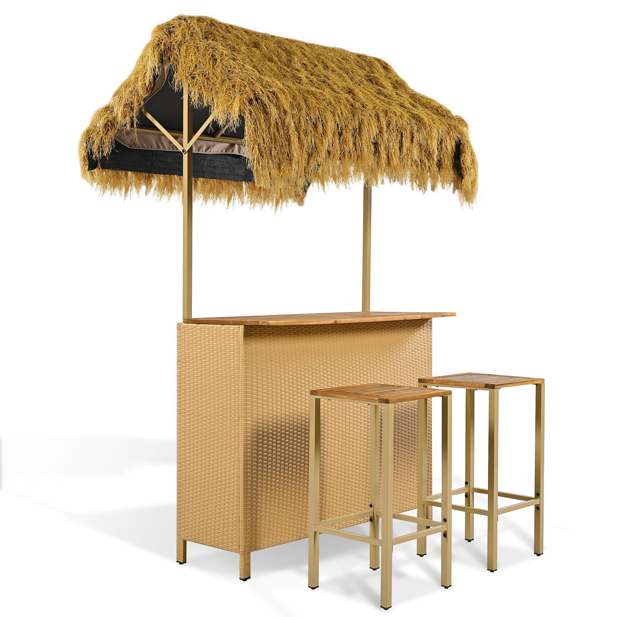 Hawaiian-Style Bar Height Patio Set With PE Grass Canopy - Natural