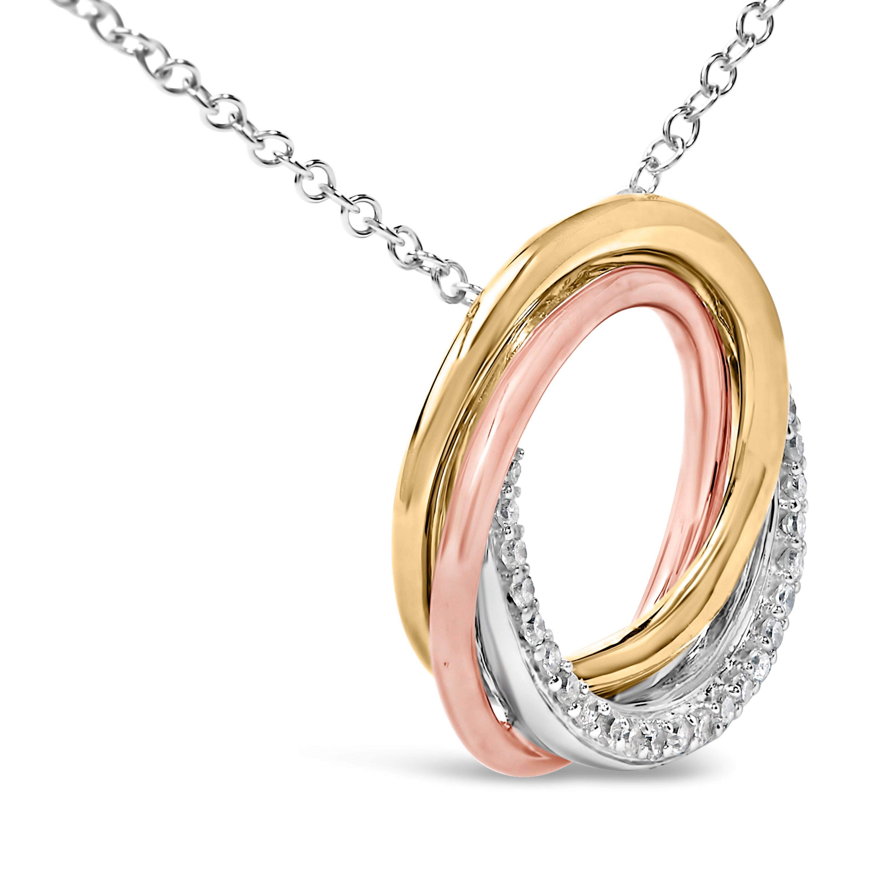 Tri Tone Sterling Silver 1/5 Cttw Diamond Interlocking Circle Pendant Necklace