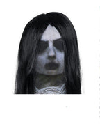 Adult Fabric Ghost Mask with Attached Long Black Wig