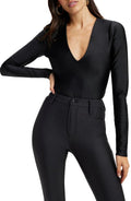 Good American High Shine Compression V-Neck Thong Bodysuit in Black, Size 3