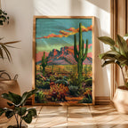 Vintage Postcard Style Desert Landscape Saguaro Art Print