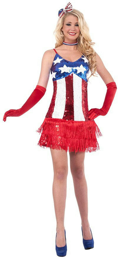 Patriotic Sparkle July 4th American Flag Sequin Flapper Costume Dress M/L
