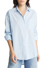 VERO MODA Stripe Oversize Cotton Shirt in Blue Bell, Size Medium