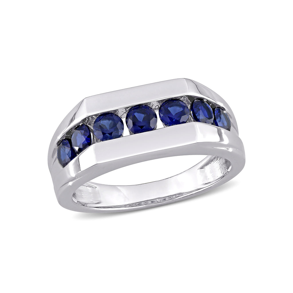 1 1/4 ct TGW Created Blue Sapphire Channel Signet Ring // Sterling Silver