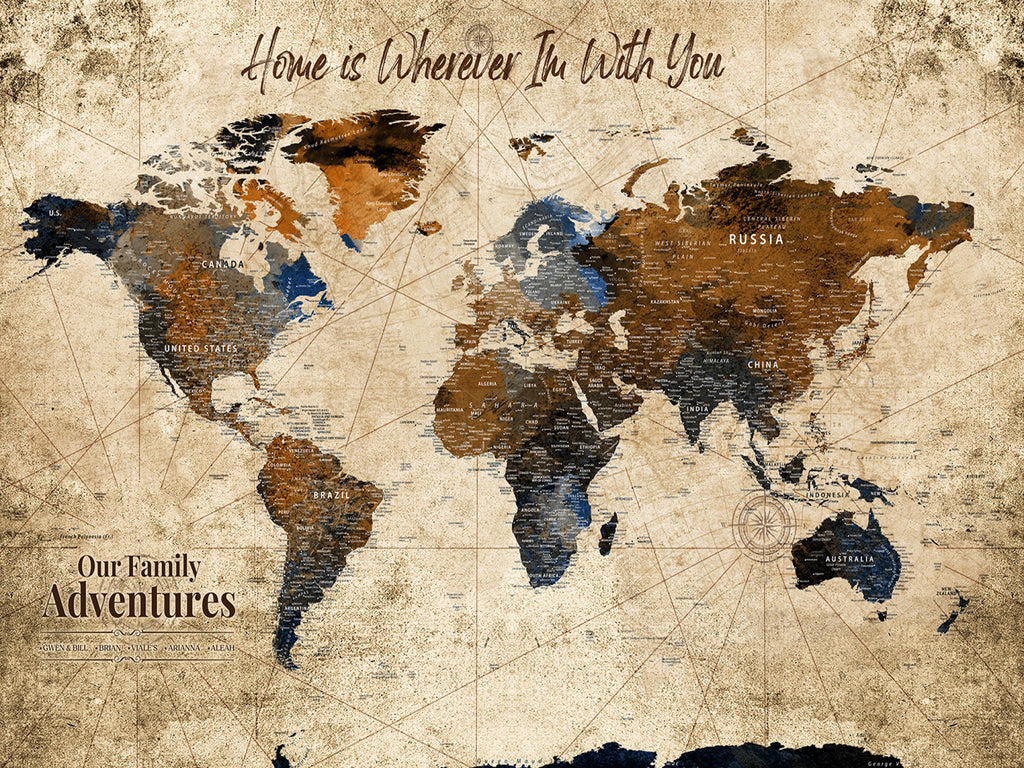 World Map Wall Art | Rustic Earth Tone Canvas Print, Antique Travel Map