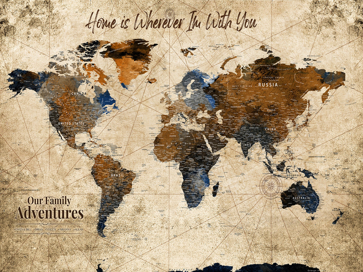 World Map Wall Art | Rustic Earth Tone Canvas Print, Antique Travel Map