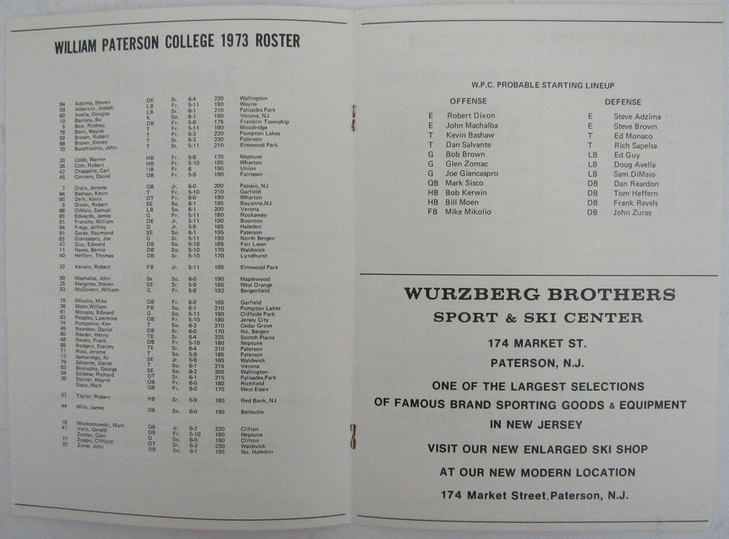 1973 William Peterson College vs. Frostburg State Football Game Program 148797