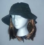 Washed Denim Cotton Bucket Hat With Attached Light Brown Hair