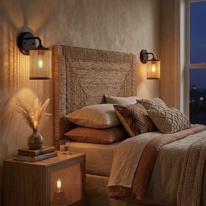 Reef - Single Lights Wall Sconce With Natural Shade Rustic - Black / Rattan