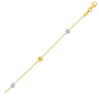 14k Two-Toned Yellow and White Gold Anklet with Textured Hearts