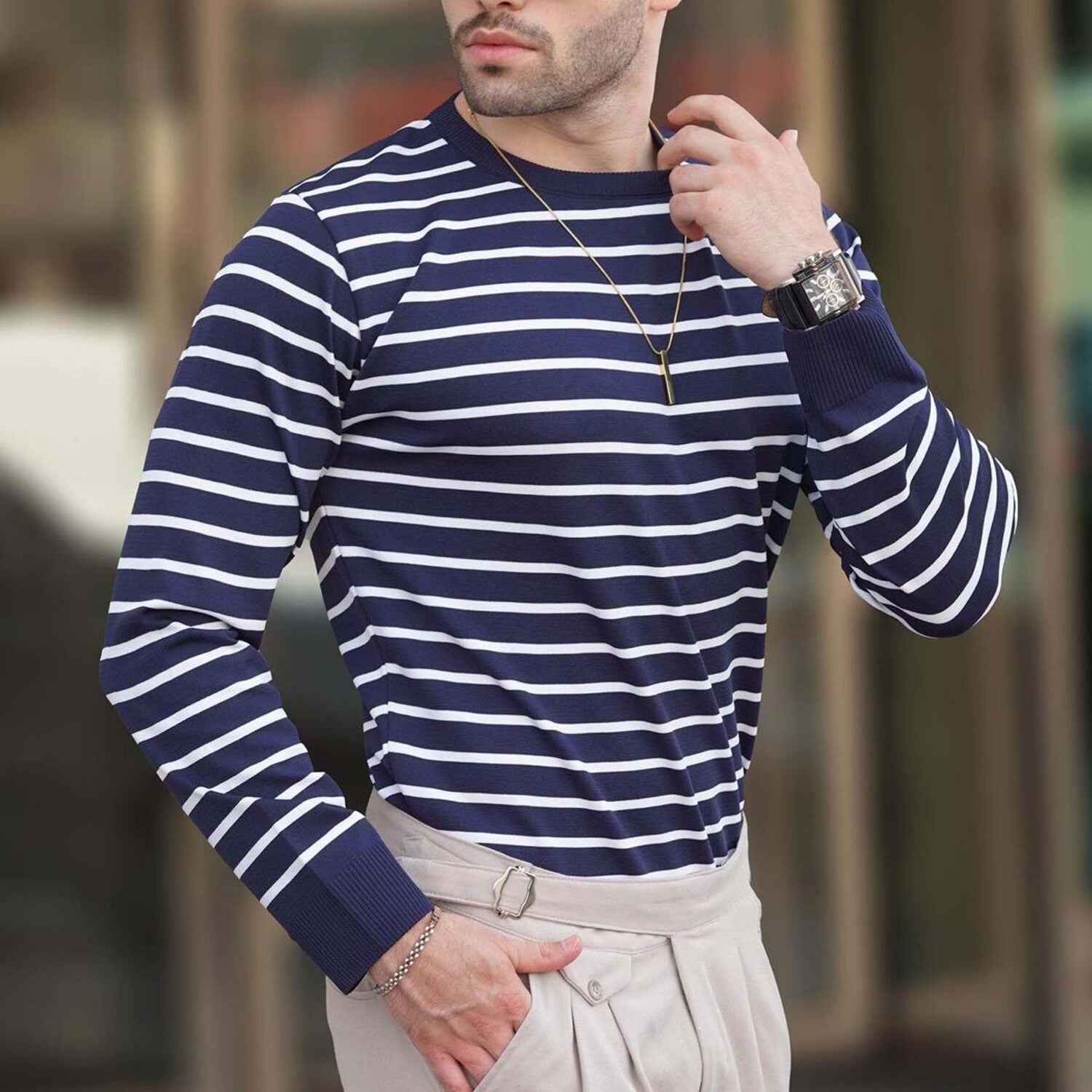 Striped Crewneck Sweater // Navy