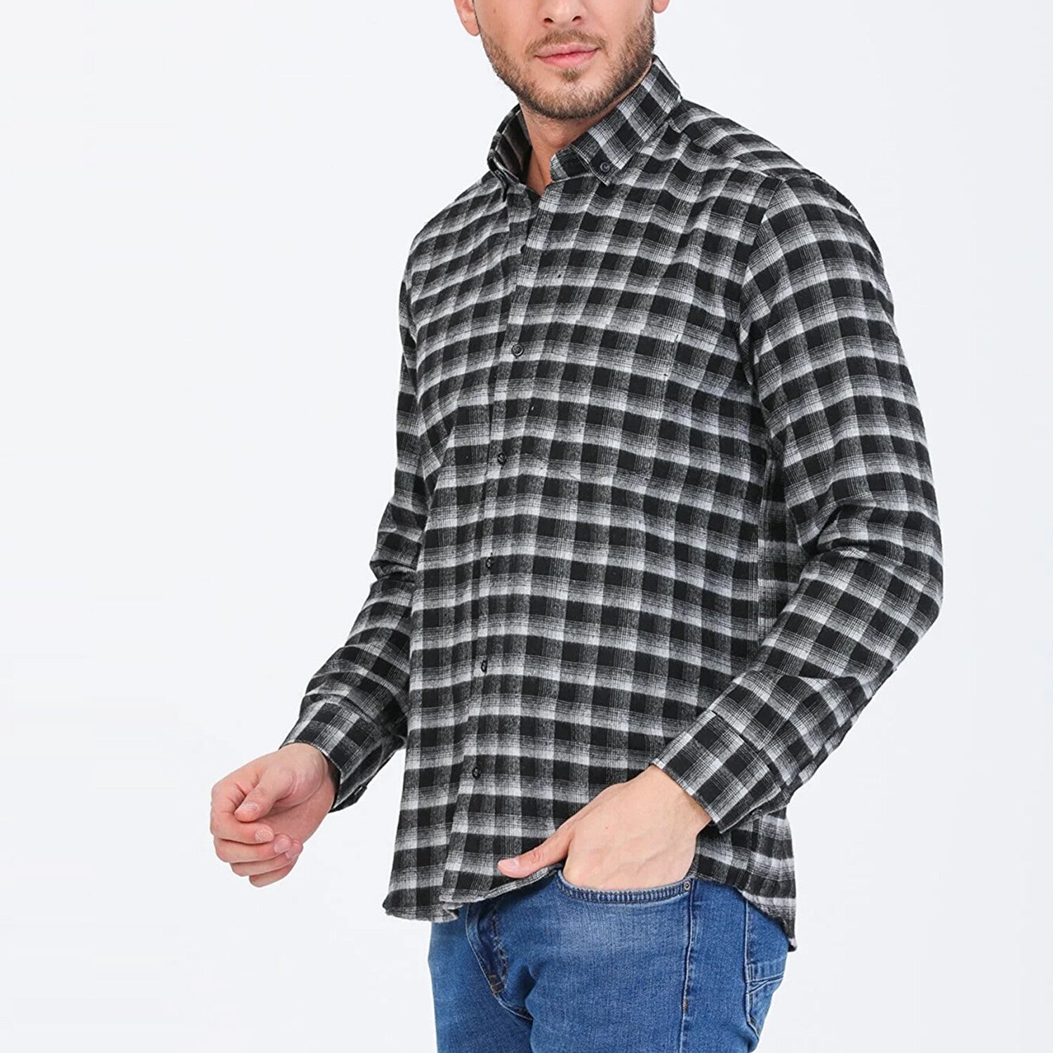 Jake Long Sleeve Checkered Pocket Collar Button-Up Shirt // Black