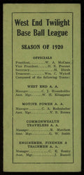 Doutrichs 1920 West End Twilight Base Ball League 2.5x5 Pocket Schedule