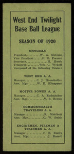 Doutrichs 1920 West End Twilight Base Ball League 2.5x5 Pocket Schedule