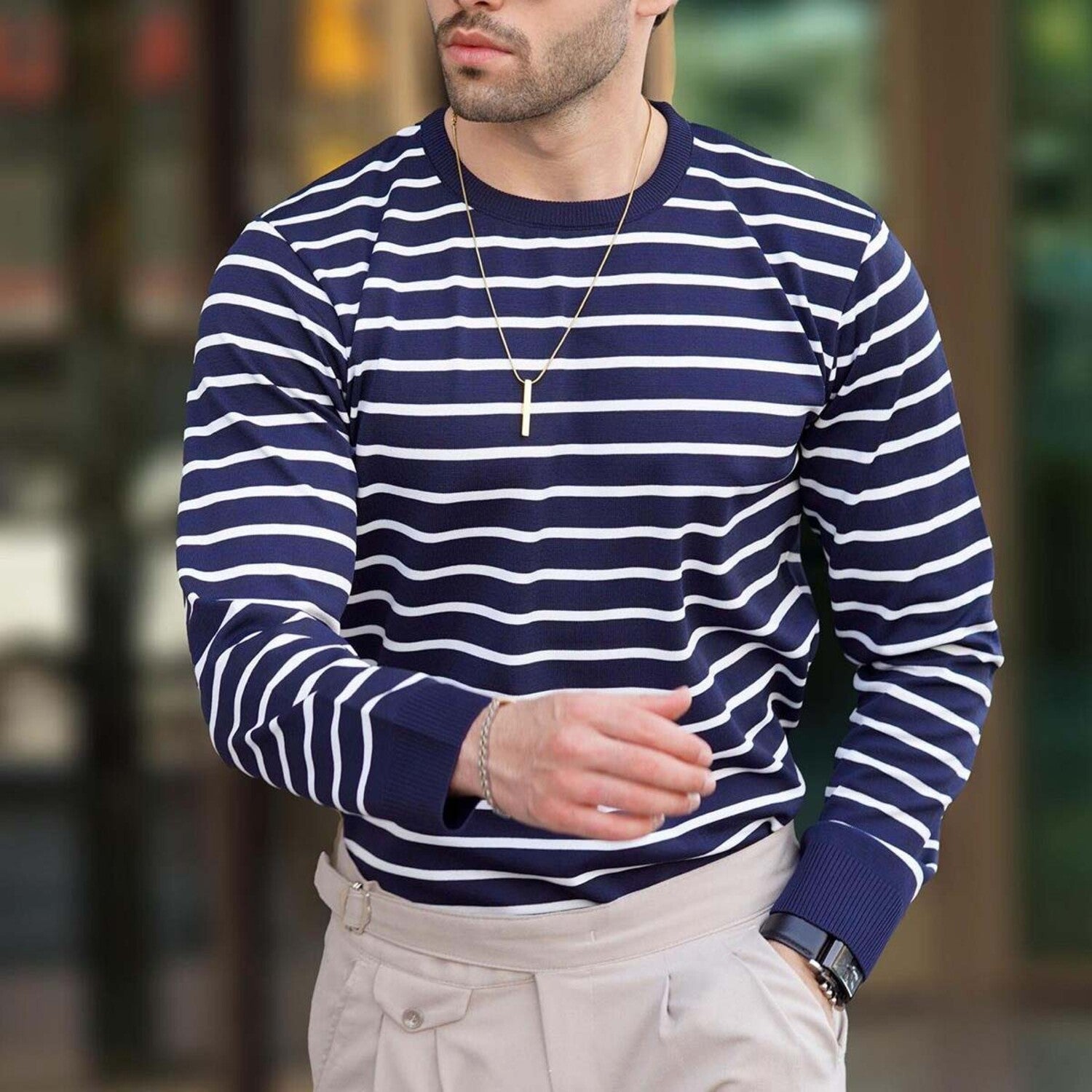 Striped Crewneck Sweater // Navy