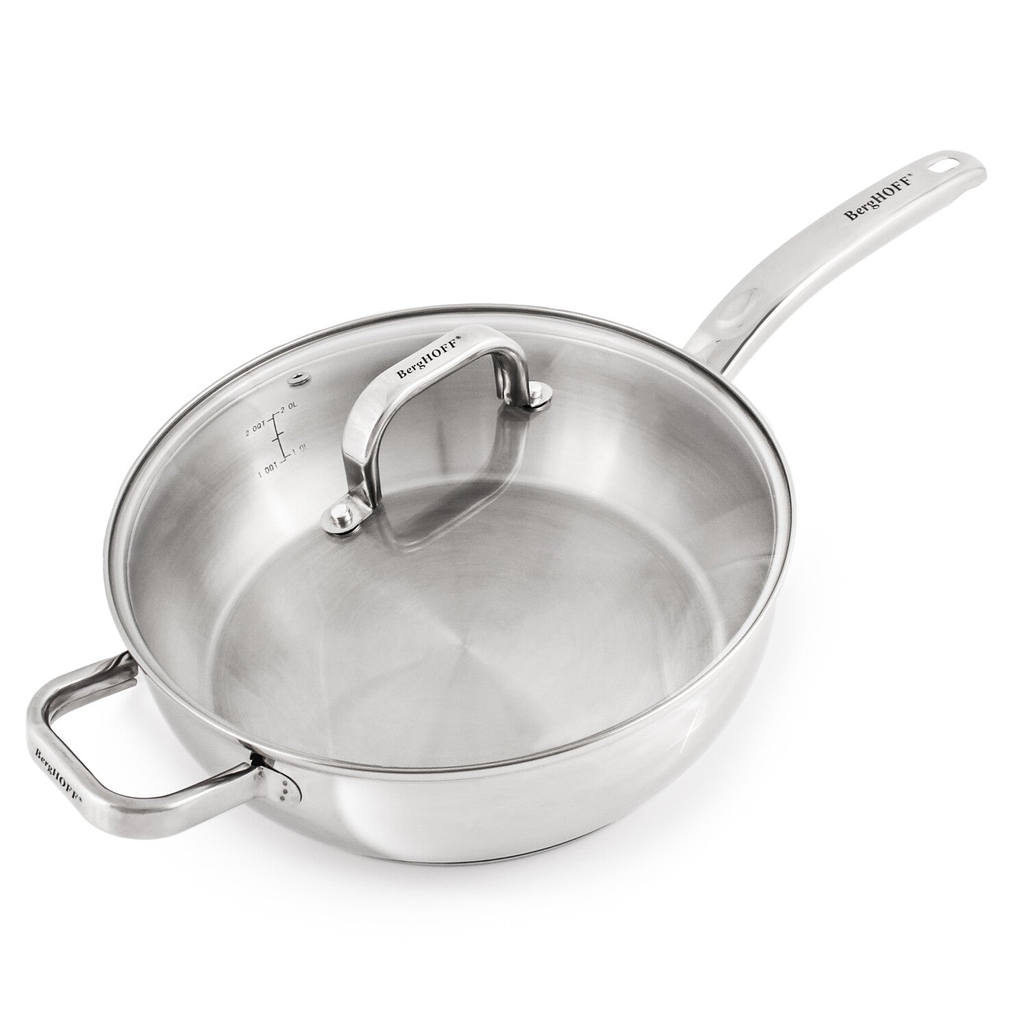 BergHOFF Belly Shape 18/10 Stainless Steel 9.5" Deep Skillet with Glass Lid, 3.2qt