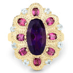 6.80 Carat Genuine Amethyst, Rhodolite and Blue Topaz .925 Sterling Silver Ring