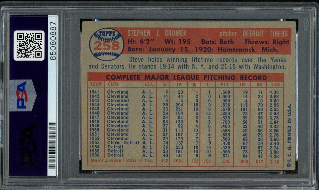 Steve Gromek Signed 1957 Topps Trading Card #258 Detroit Tigers PSA/DNA 183598