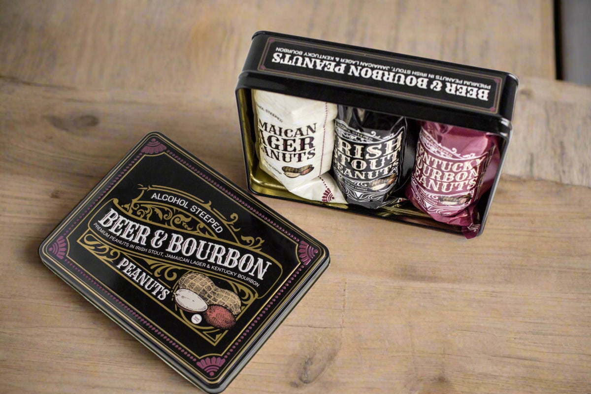 Beer & Bourbon Liquor Peanuts Gift Tin – Gourmet Snack Trio