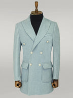 Metal Buttons Wool Cashmere Light Blue Men Double Breasted Coat - Wessi