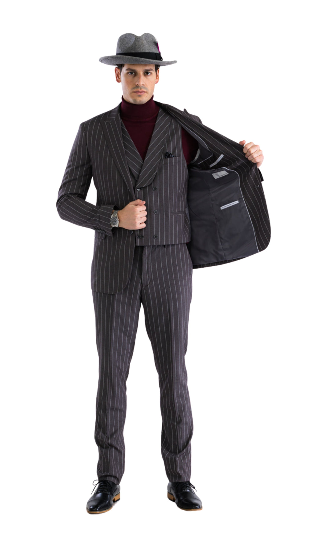 Bellagio Grey White Mens 2 Button Slim Peak Lapel Suit With Pick Stitching Ticket Pocket Double Breasted Vest With Shawl Lapel