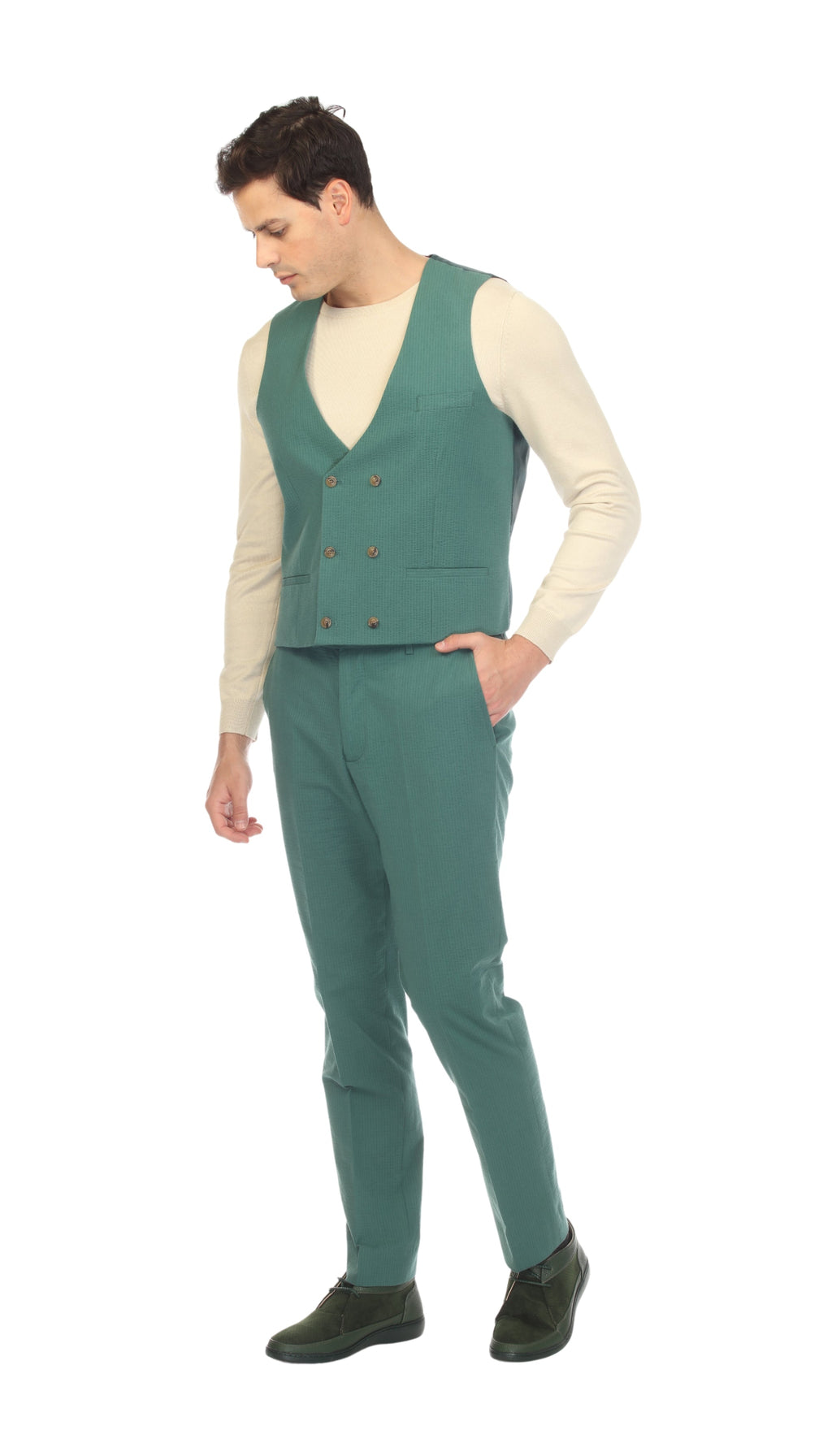 Men's Hunter Green Double Breasted Seersucker Vest – Grant