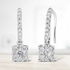 14K White 1/2 Cttw Round Diamond Halo Dangle Hook Earring - (H-I Color, SI2-I1 Clarity)