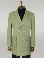 Metal Buttons Wool Cashmere Green Men Double Breasted Coat - Wessi