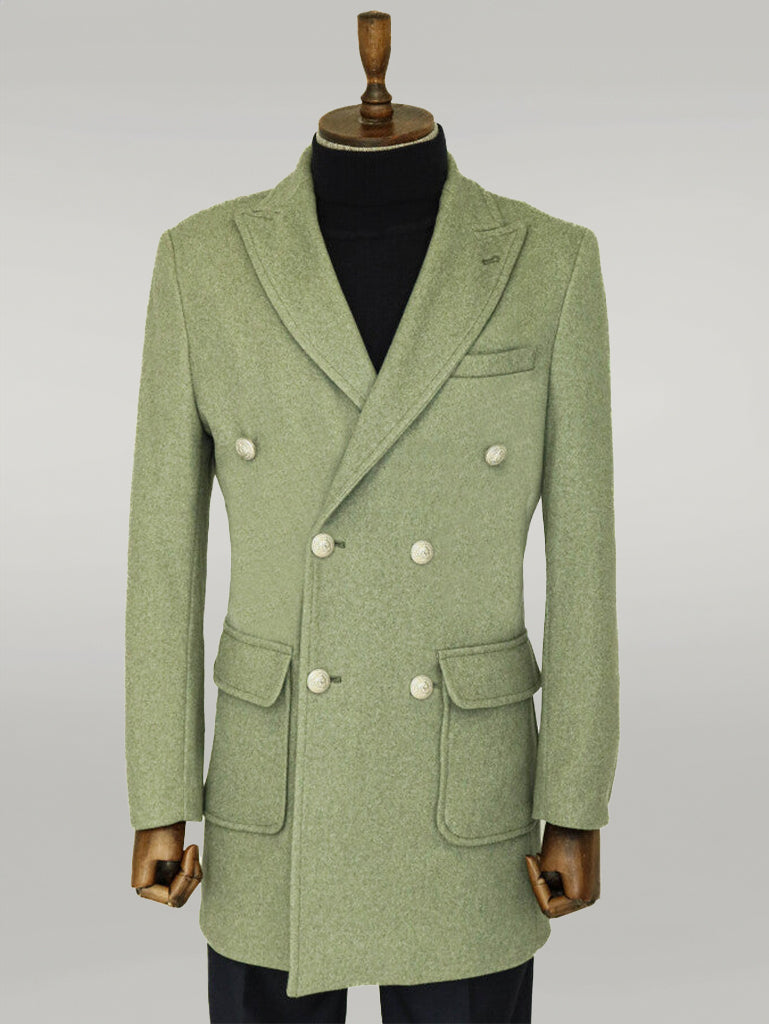 Metal Buttons Wool Cashmere Green Men Double Breasted Coat - Wessi