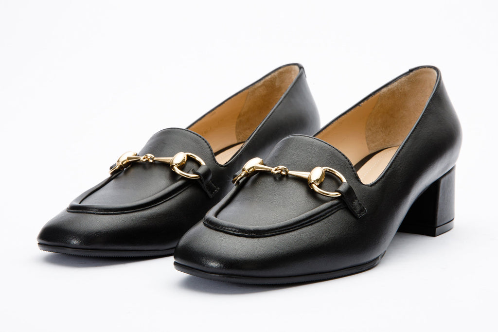 The Delhi Black Leather Block Heel Pump Women Shoe