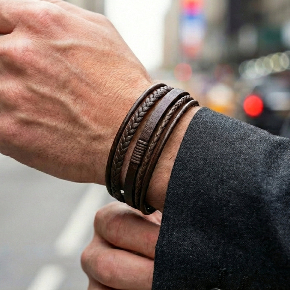 Premium Leather 5-Strap Pasadena Men's Wrap Bracelet