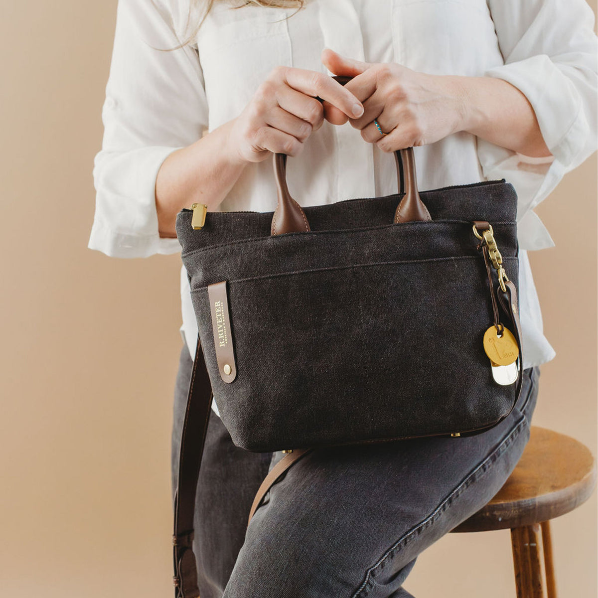 Dot Tote | Black Washed Canvas + Brown