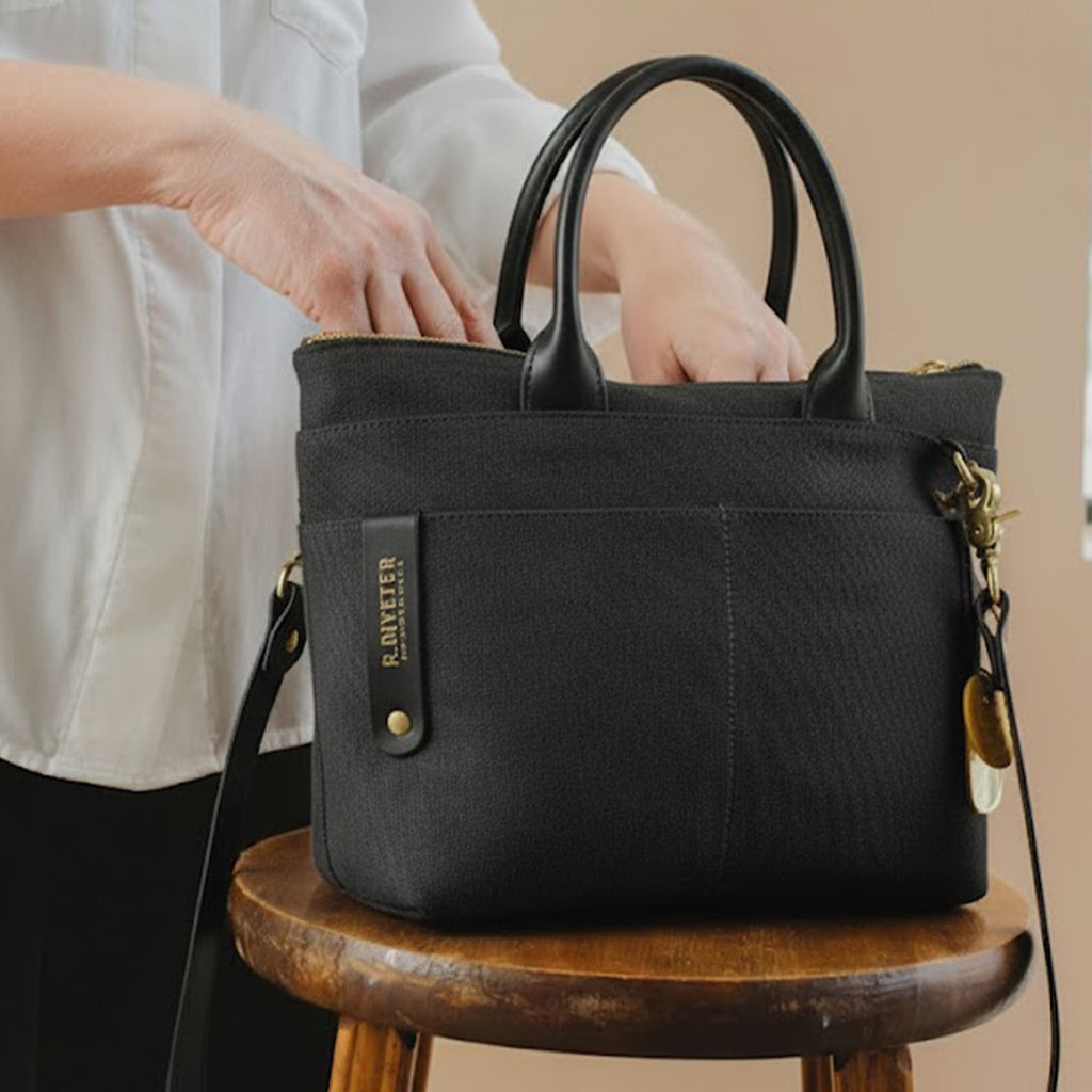 Dot Tote | Black Washed Canvas + Black Leather