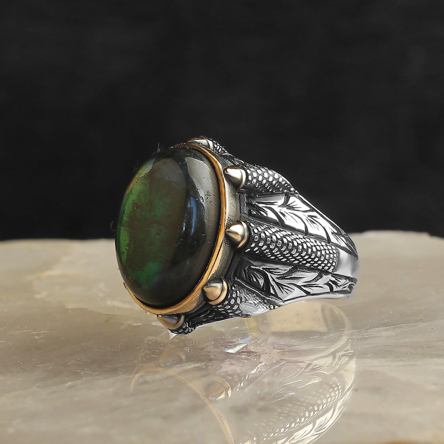 925 Sterling Silver Genuine Labradorite Stone Claw Shape Ring