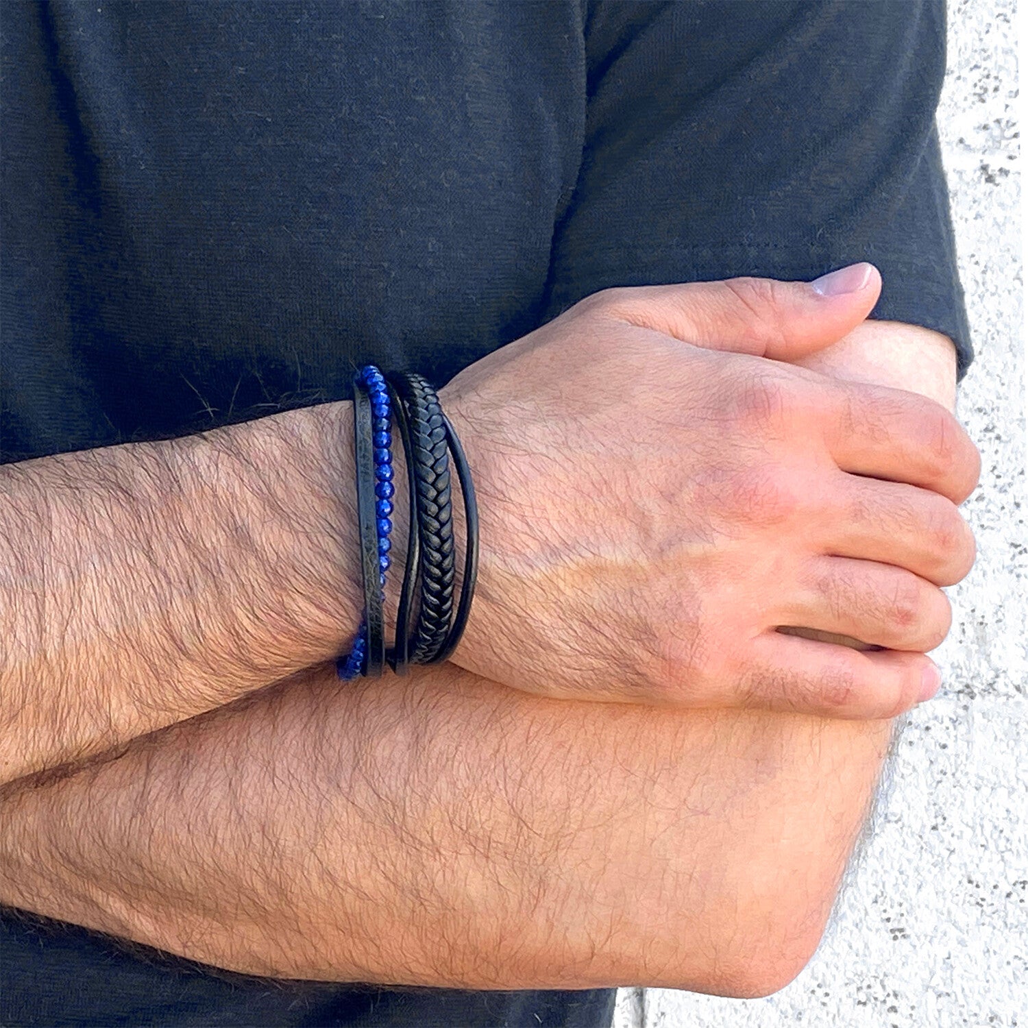 Lapis Lazuli Stone + Layered Leather Cuff Bracelet // 8.75"