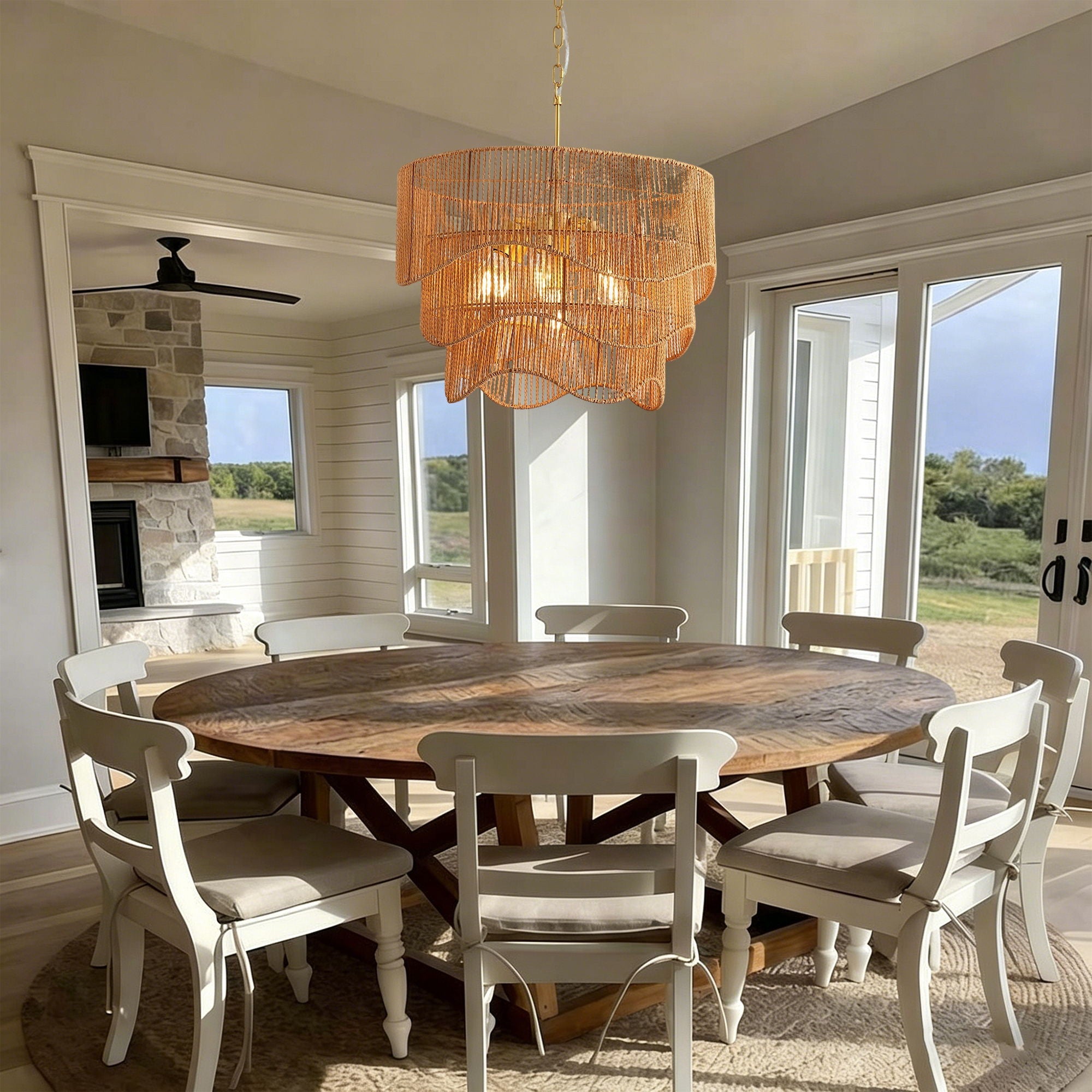 Chandelier With 7 Light E26 Base, Adjustable Height Wave Pendant Light For Living Room - Gold