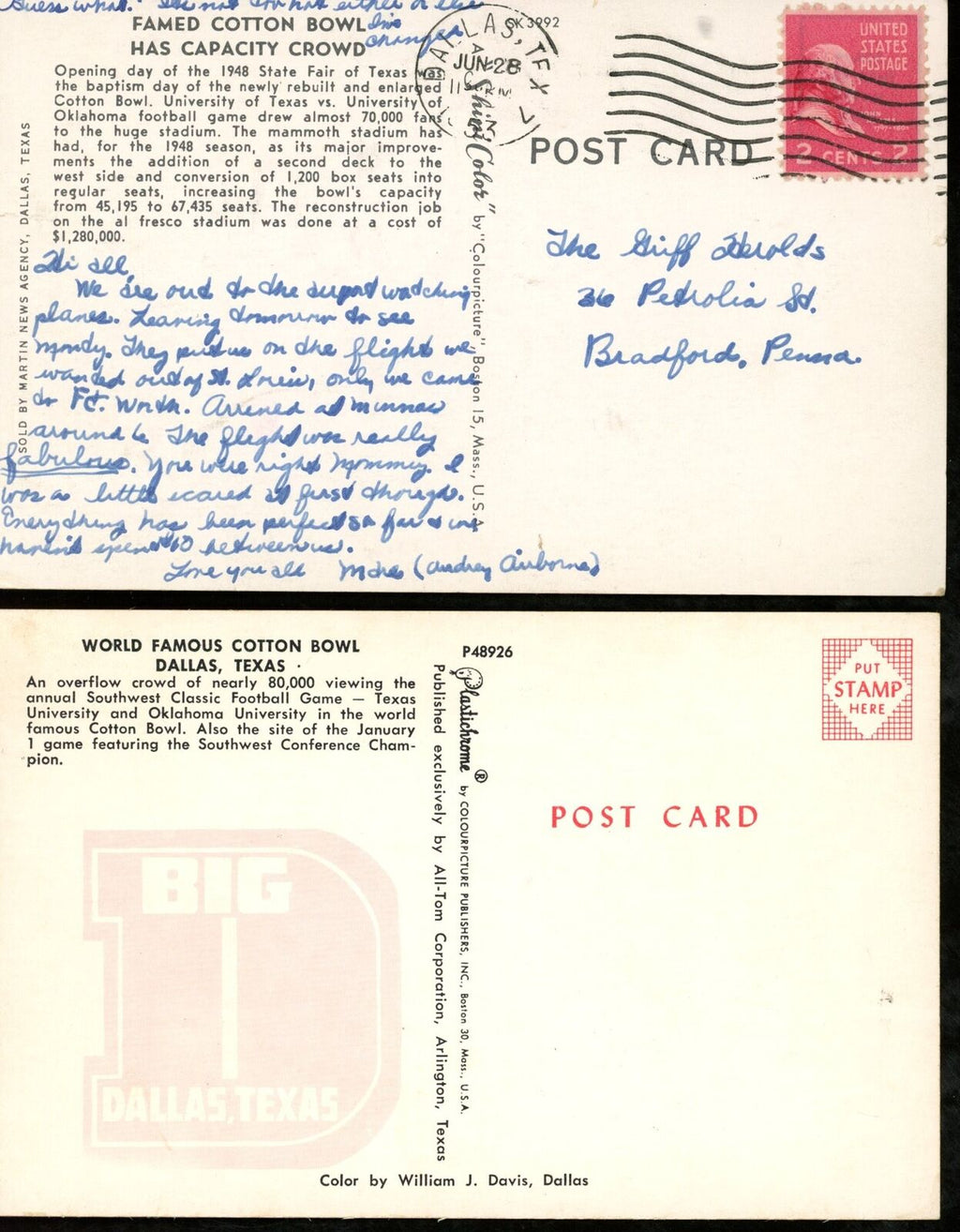 Lot of (2) 1950's Postcards Cotton Bowl Stadium Dallas, Texas 176183