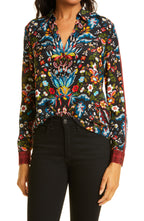 Alice + Olivia Eloise Button-Up Silk Blouse in Santa Monica Multi, Size X-Small