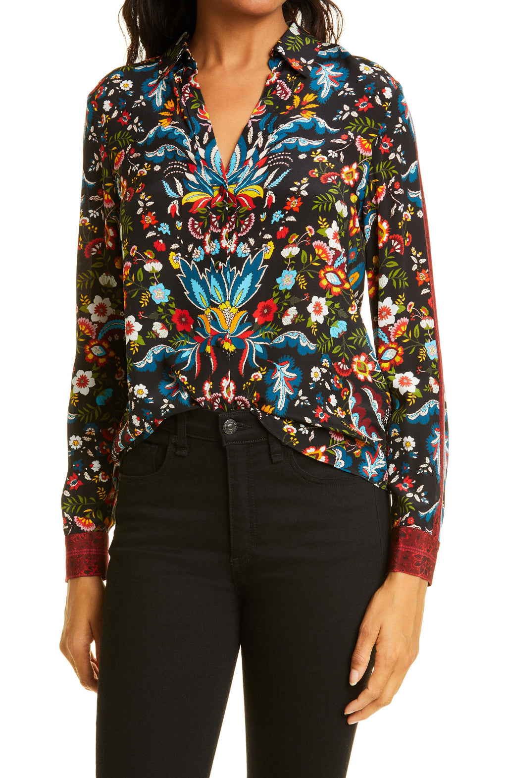 Alice + Olivia Eloise Button-Up Silk Blouse in Santa Monica Multi, Size X-Small