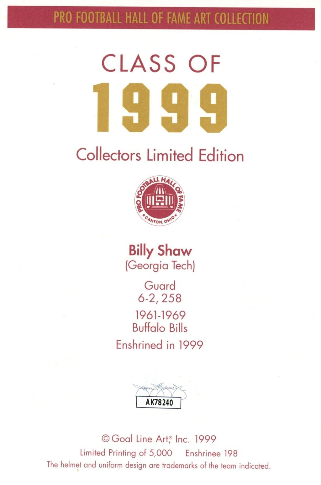 Billy Shaw HOF Autographed/Inscr Goal Line Art GLAC Postcard Bills JSA 181000