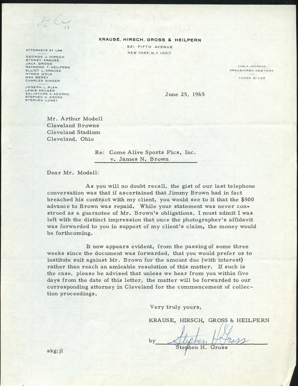 June 25, 1965 Series of Letters to  Browns Art Modell and Jim Brown 144991