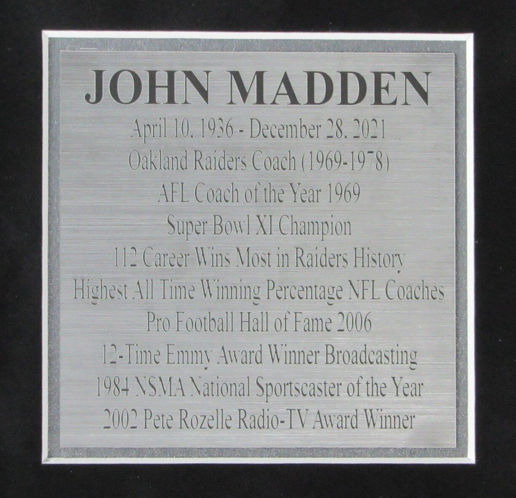 John Madden HOF Raiders Collage 8x10 s Signed 3x5 Index Card Framed JSA 165880