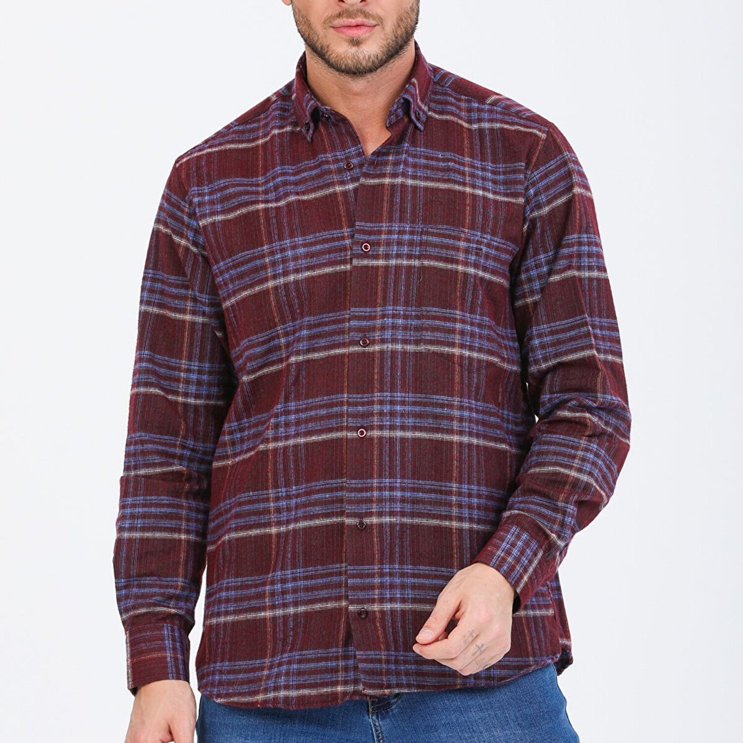 Sean Long Sleeve Checked Pocket Shirt // Burgundy