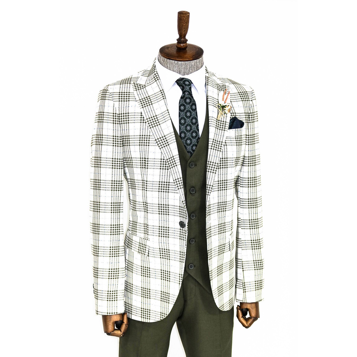 Callan Slim Fit Plaid 3-Piece Vested Suit // Green + White
