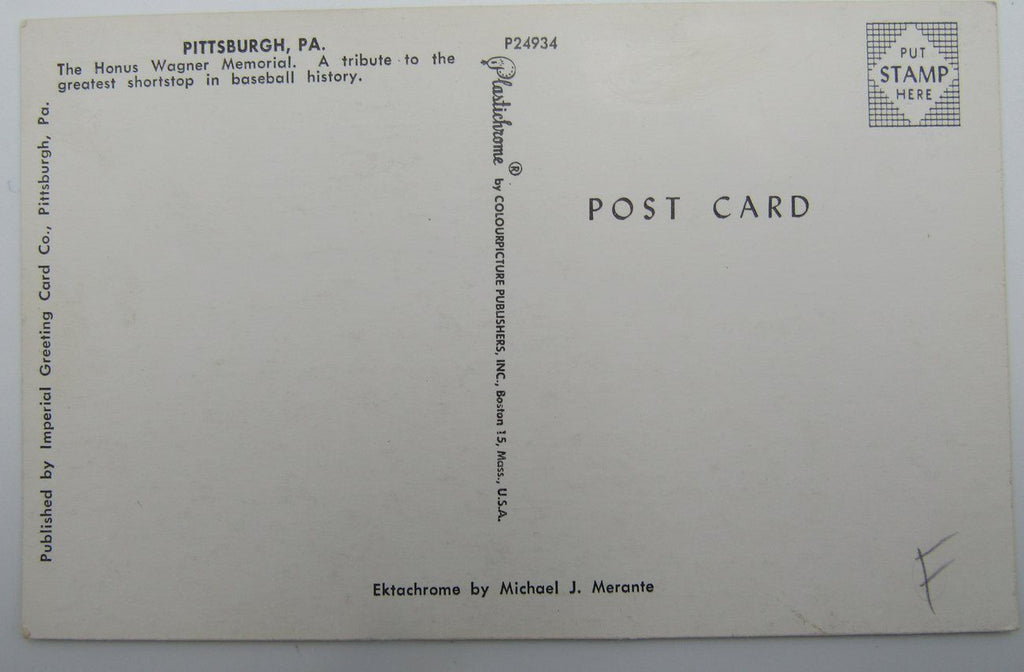 Honus Wagner Pirates Baseball Memorial Pittsburgh, PA Postcard 1950's
