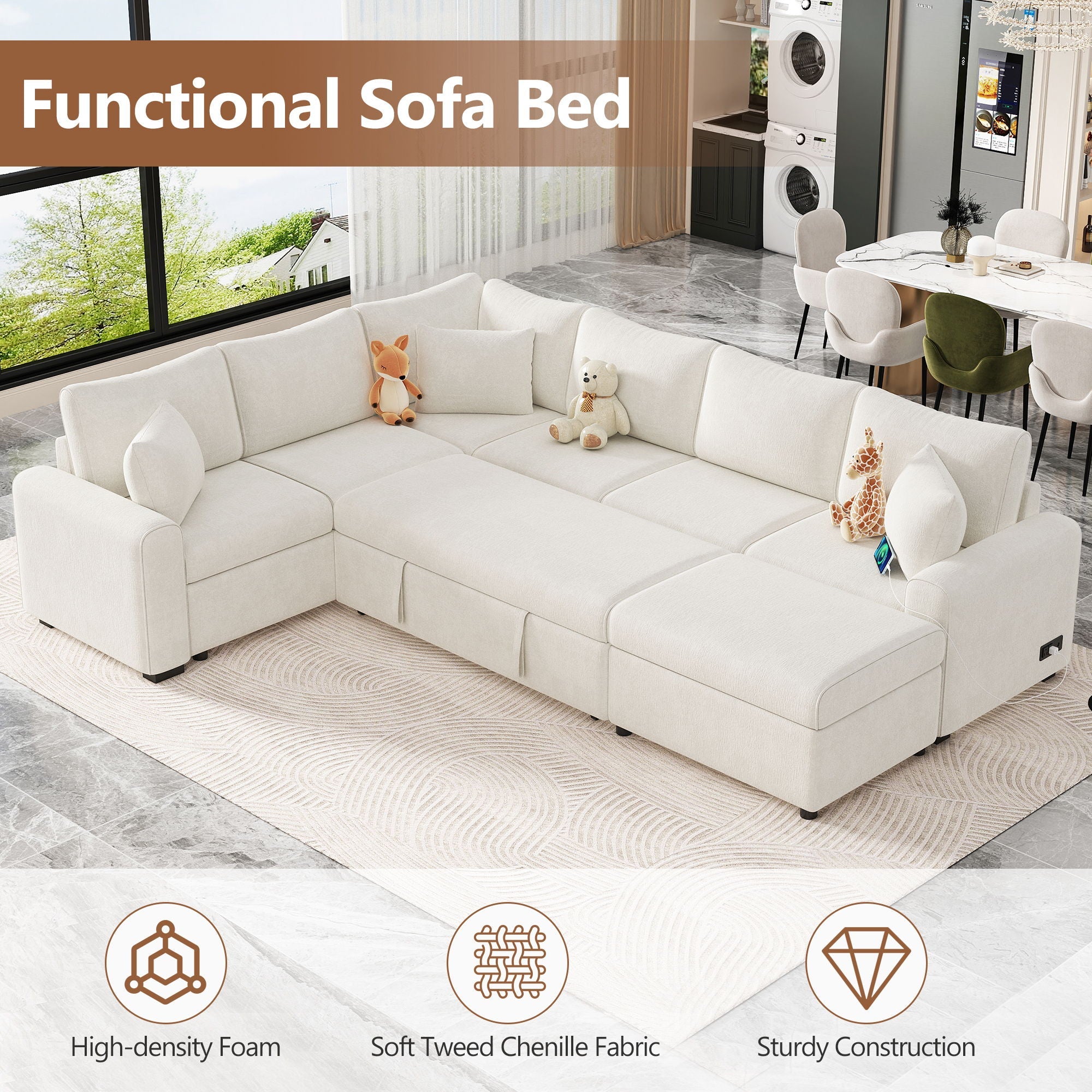 Sectional Sofa Pull-Out Sofa Bed Sleeper With A Storage Ottoman