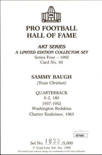 Sammy Baugh HOF  Autographed Goal Line Art GLAC Postcard Washington Redskins JSA