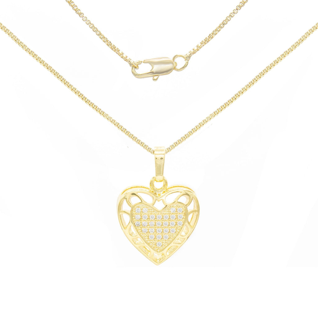 Cubic Zirconia 14K Gold Filled Hollow Heart Pendant Necklace Set