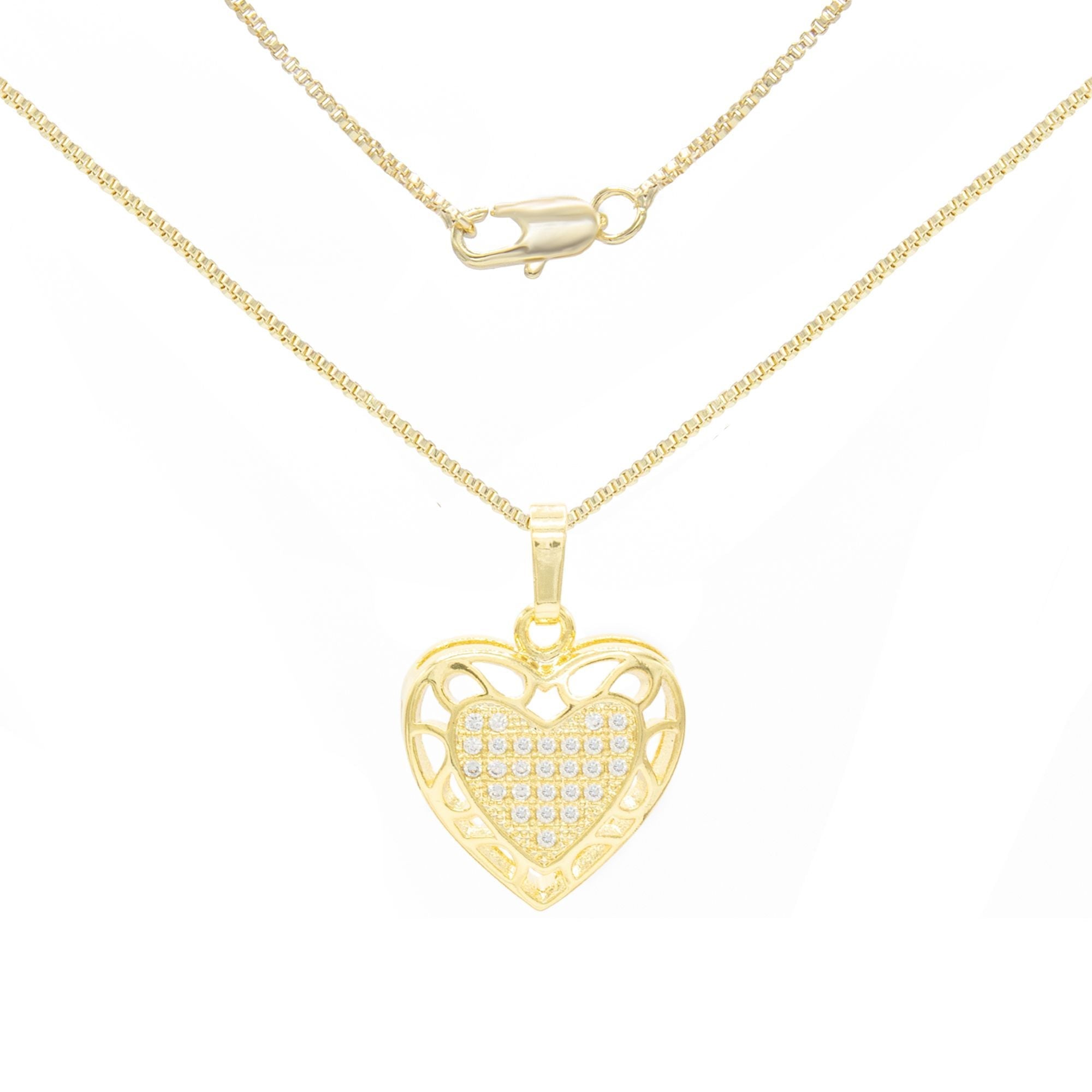 Cubic Zirconia 14K Gold Filled Hollow Heart Pendant Necklace Set