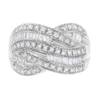 .925 Sterling Silver 1.0 Cttw Channel Set Alternating Round and Baguette Diamond Cross-over Bypass Ring Band (I-J Color, I2-I3 Clarity) - Size 7